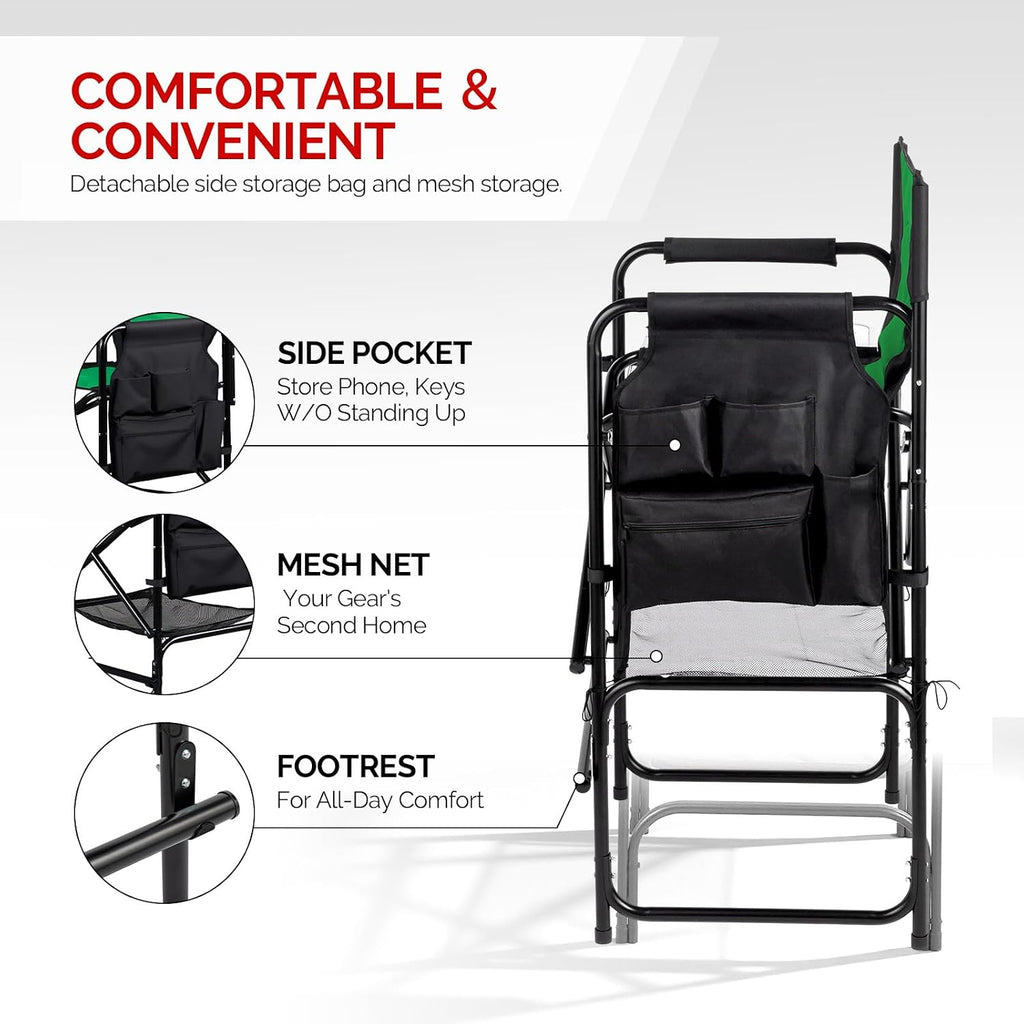 OmySalon 31" Extra Tall Director Chair w/Side Table, Heavy-Duty Steel Frame Portable Folding Bar Stool w/Storage Pockets, for Makeup Artist, Salon, Studio, Camping, 300 lbs Capacity (Green)