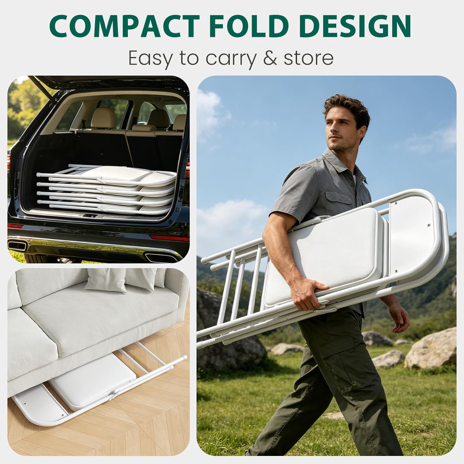 Folding Chairs 2 Pack,350 lbs Heavy Duty Metal Frame Folding Chairs with PU Leather Padded Seat,Ergonomic Portable Foldable Chair with Non-Slip Rubber Feet for Indoor Outdoor Wedding Patio Party,White