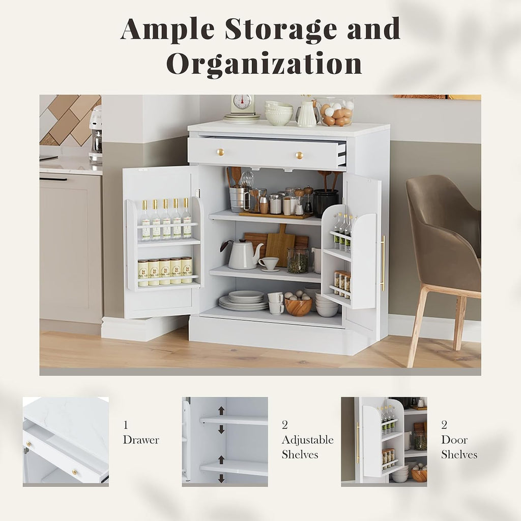 Modern Small Kitchen Pantry, Freestanding Buffet Food Storage Cabinets, Coffee Bar Cabinet with Drawer, 2 Adjustable Shelves and 2 Door Shelves for Dining, Craft Room, Kitchen