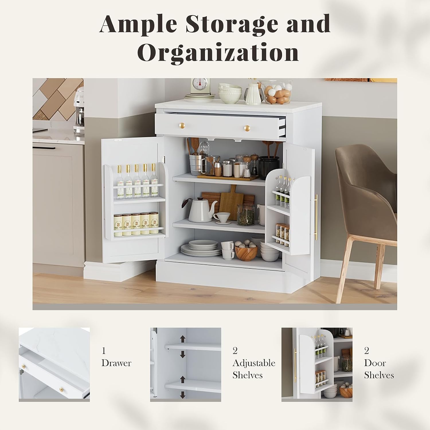 Modern Small Kitchen Pantry, Freestanding Buffet Food Storage Cabinets, Coffee Bar Cabinet with Drawer, 2 Adjustable Shelves and 2 Door Shelves for Dining, Craft Room, Kitchen