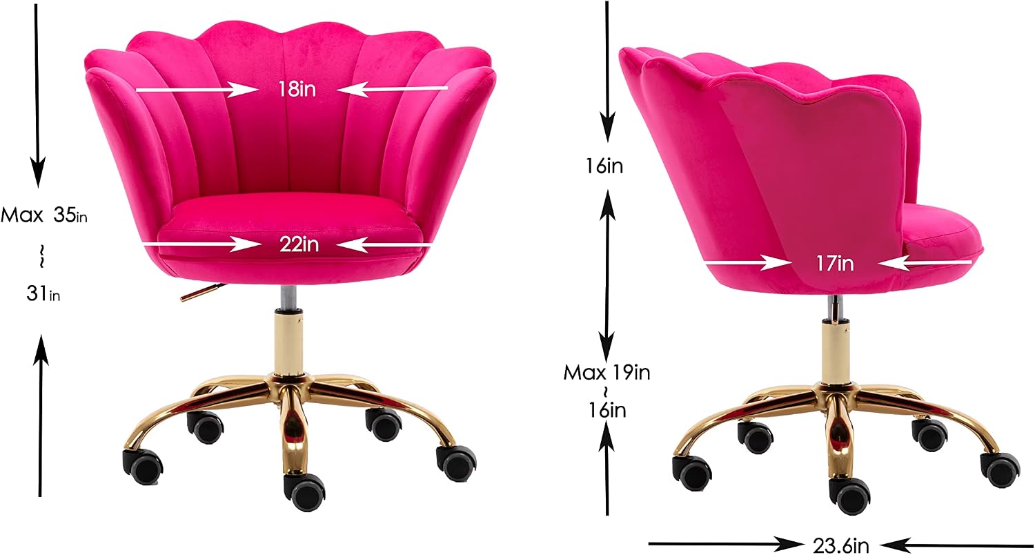 Comfy Home Office Task Chair with Wheels, Cute Modern Upholstered Velvet Seashell Back Adjustable Swivel Vanity Desk Chair, for Women, for Girls,Living Room (Rose red)