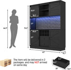 75”Tall 63"W Extra Large LED Farmhouse Kitchen Storage Pantry Hutch Cabinet w/Power Outlet,Pegboard,Coffee Bar Cabinets,Microwave Shelf,Wine Rack,4 Barn Doors,2 Drawers, Dining Room,Black