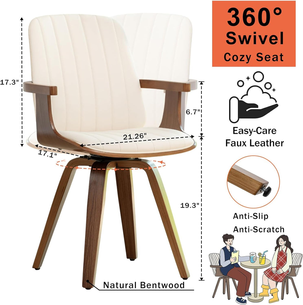 Swivel Dining Chairs Set of 4, Mid Century Modern Dining Chairs with Walnut Craftsmanship, Upholstered Faux Leather , Wooden Arms and Legs, Kitchen Chairs with Arms for Kitchen/Living Room - Beige