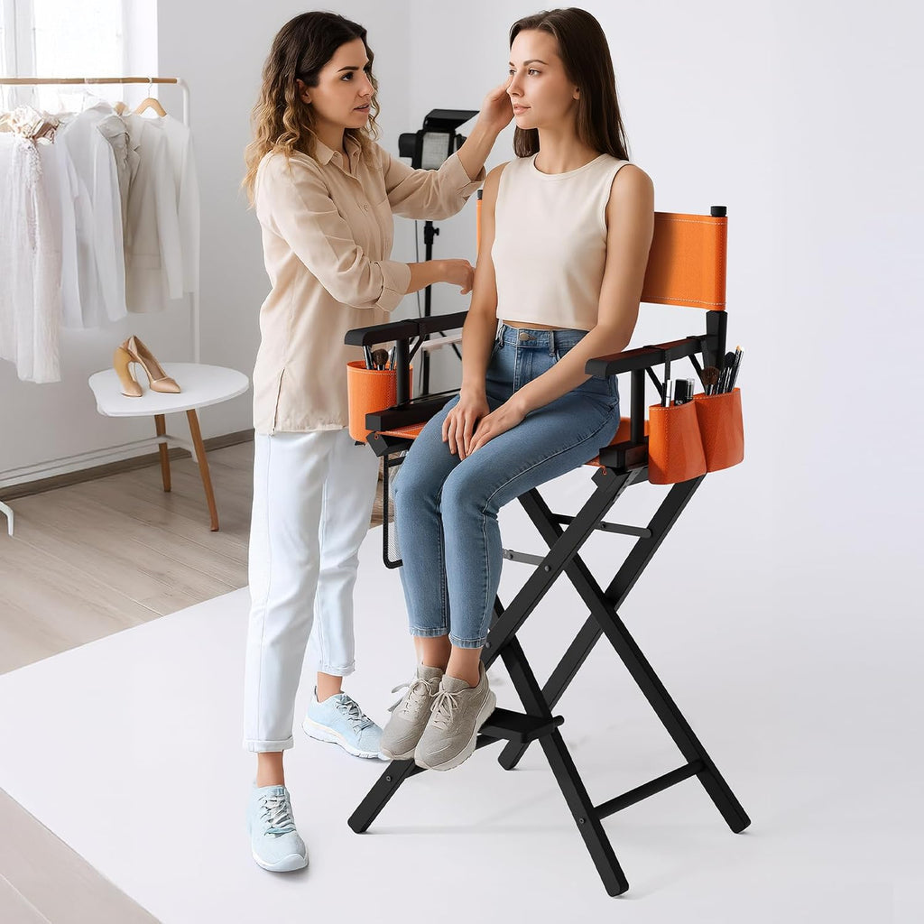 OmySalon Director's Chair 31" Height Folding Portable w/Storage Pouch & Footrest, Makeup Artist Chair for Salon, Events, Mobile, 250lb Capacity, Black Wood Frame & Orange Canvas Seat