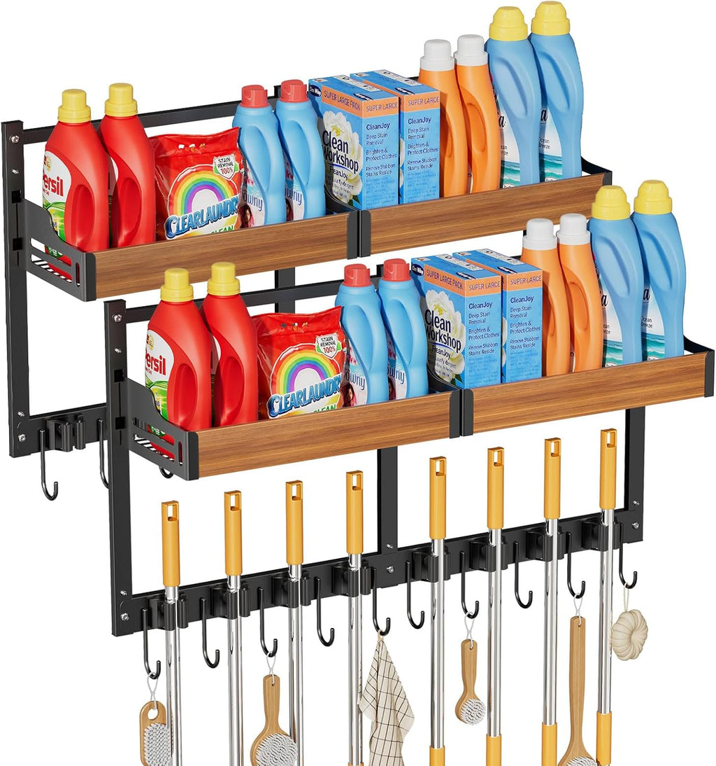 Broom and Mop Organizer Wall Mount, 2 pcs | Wall Hanging, Cleaning Supplies Organizer, Storage Shelf and Hooks, For Laundry Room Garage Kitchen