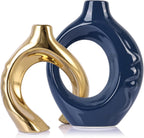 LCCCK Blue and Gold Ceramic Vases for Home Decor, Boho Vase for Flowers Pampas Grass Decorative, Navy Blue Hollow Donut Small Vase for Living Room Table Wedding Centerpiece Modern Vases