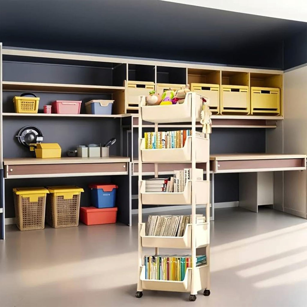 5-Tier Plastic Rolling Cart with Wheels, Multi Layer Storage Cart, Multi-Functional High-Borders Storage Trolley, Durable and Stable, Tiered Cart for Bathroom,Laundry, Living Room