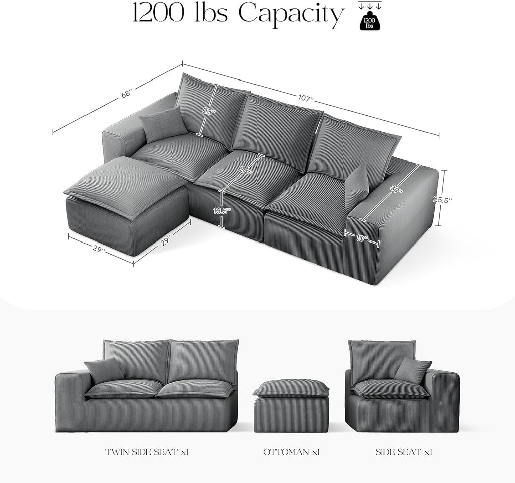 107" Boneless Comfortable Couch with Chaise, L Shaped Modular Sectional Couches for Living Room, Grey Corduroy Sofas with Ottoman, Compressed Sofa in a Box, No Assembly Required
