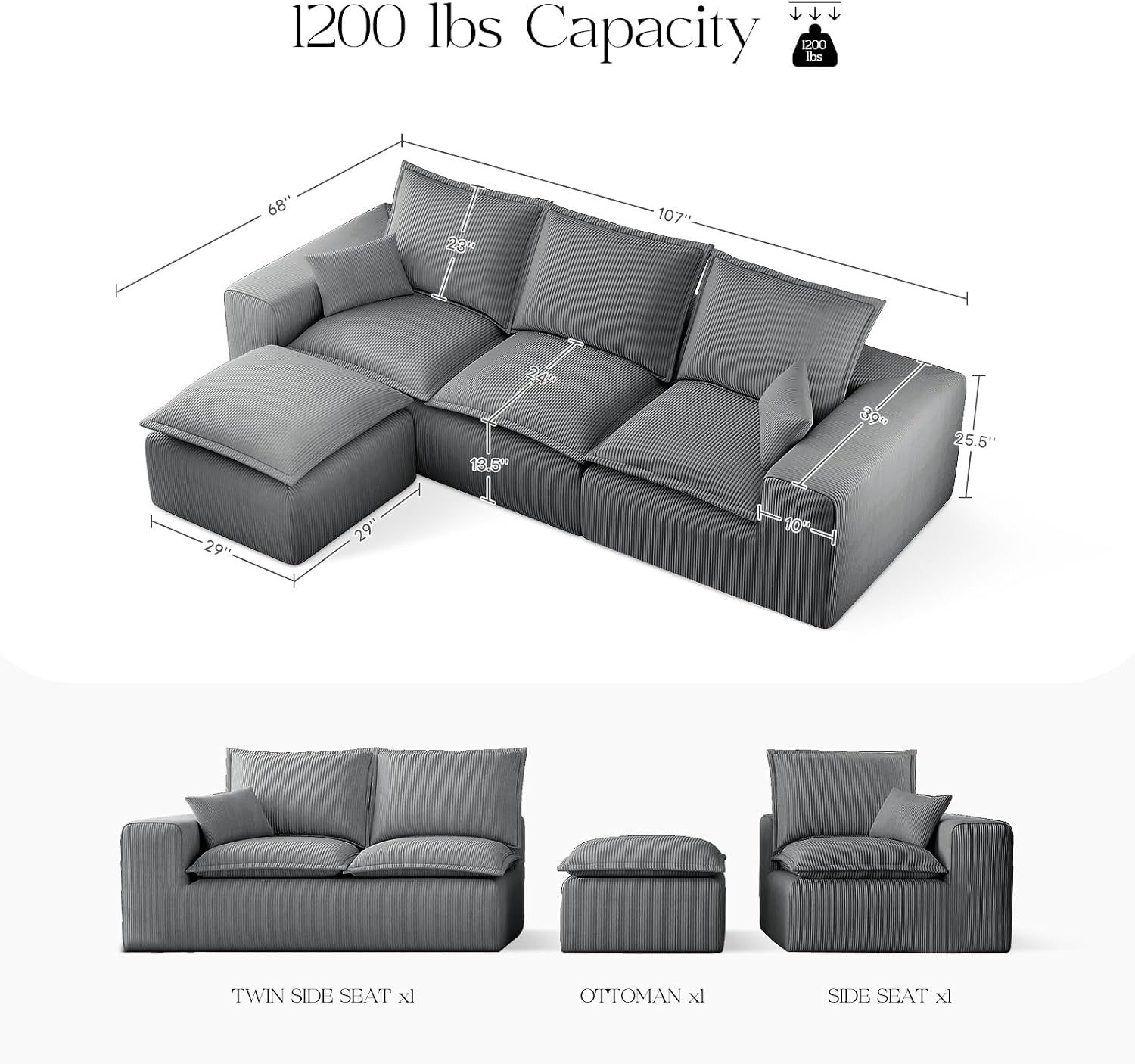 107" Boneless Comfortable Couch with Chaise, L Shaped Modular Sectional Couches for Living Room, Grey Corduroy Sofas with Ottoman, Compressed Sofa in a Box, No Assembly Required