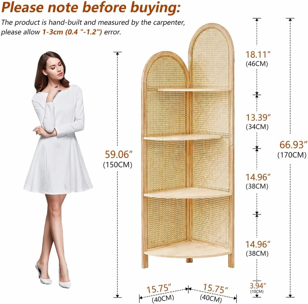 70" Tall Corner Bookshelf, 4-Tier Rattan Corner Shelf Stand for Small Spaces - Solid Wood Frame Display Organizer Rack, 90° Flush Wall Fit, Natural