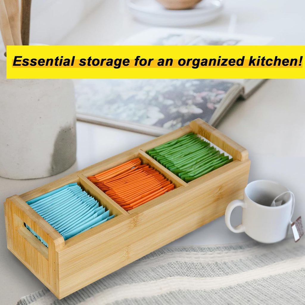 Bamboo Tea Organizer Box Chemical Free Eco-Friendly Big, Tall, Adjustable Cubbies Natural Wooden Storage Chest (3-Slot, Blank)