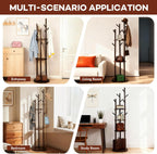 Freestanding Coat Rack, Solid Pine Wood Rotary Coat Tree with 3 Shelves and 9 Hanging Handles, Coat Hanger Stand for Bedroom, Entryway, Livingroom(Walnut Color)
