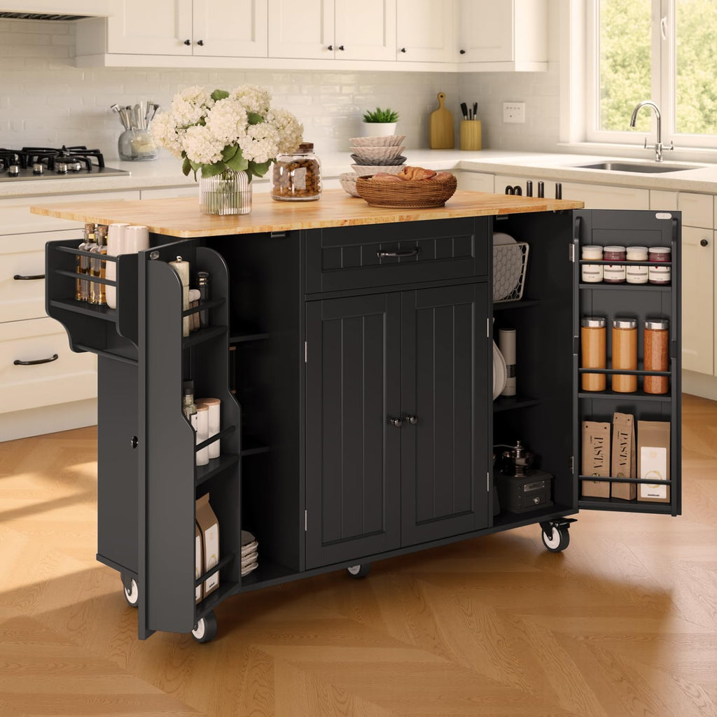 Ahomly Rolling Kitchen Island on Wheels, Kitchen Island with Storage, Kitchen Rolling Island with Spice Rack & Towel Rack, Knife Holder, Island Table for Kitchen, Black