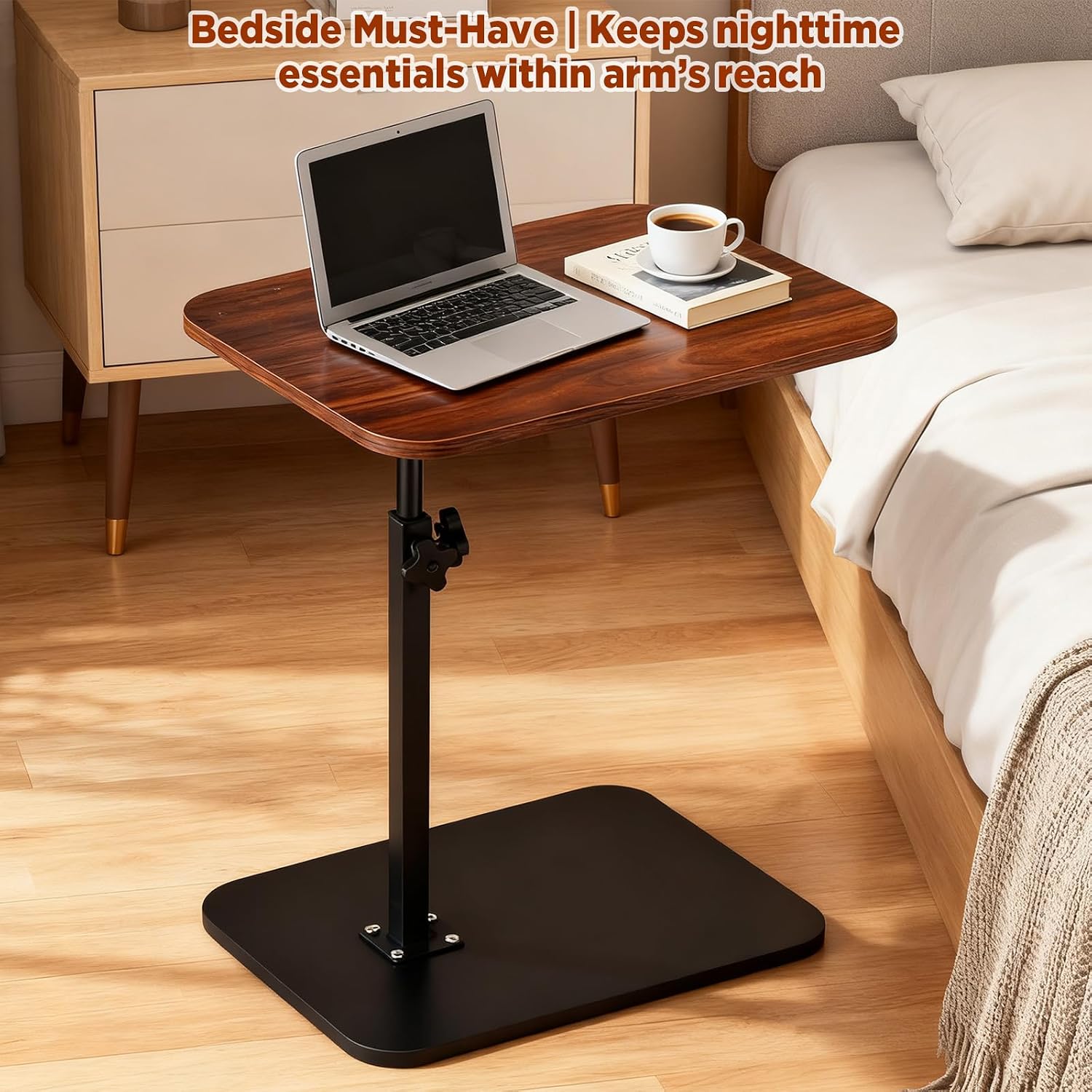 Side Table, Couch Side Table, C Table Adjustable Swivel Sofa Tray Table with Heavy Metal Base, 11.8×15.7in C Shaped End Table for Couch, Bed, or Living Room