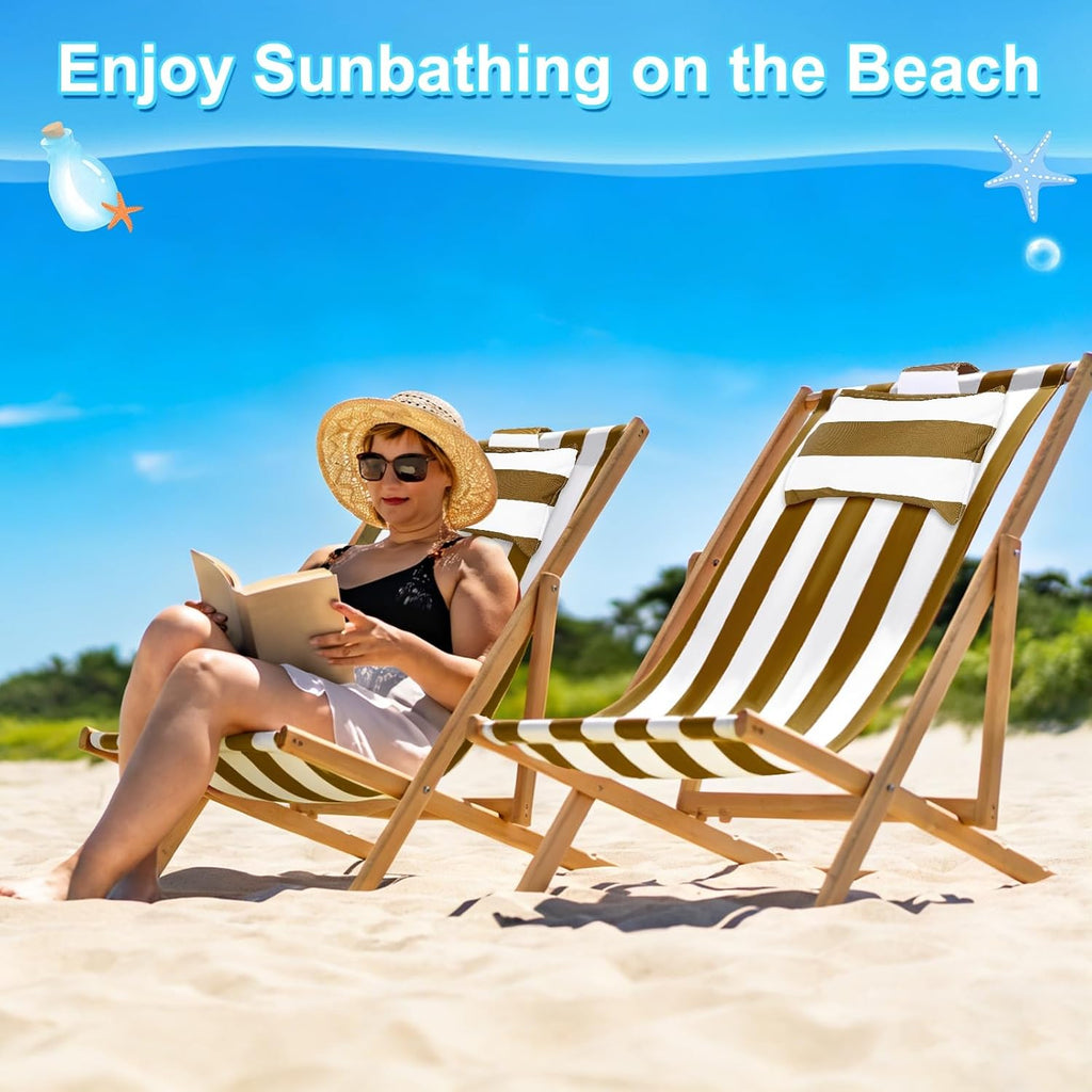 Beach Sling Chair Replacement Canvas, 16x44.5 Inch Folding Lounge Chair Fabric with Pillow for Beach/Sunbathing/Courtyard/Garden [Striped Brown, Only Replacement]