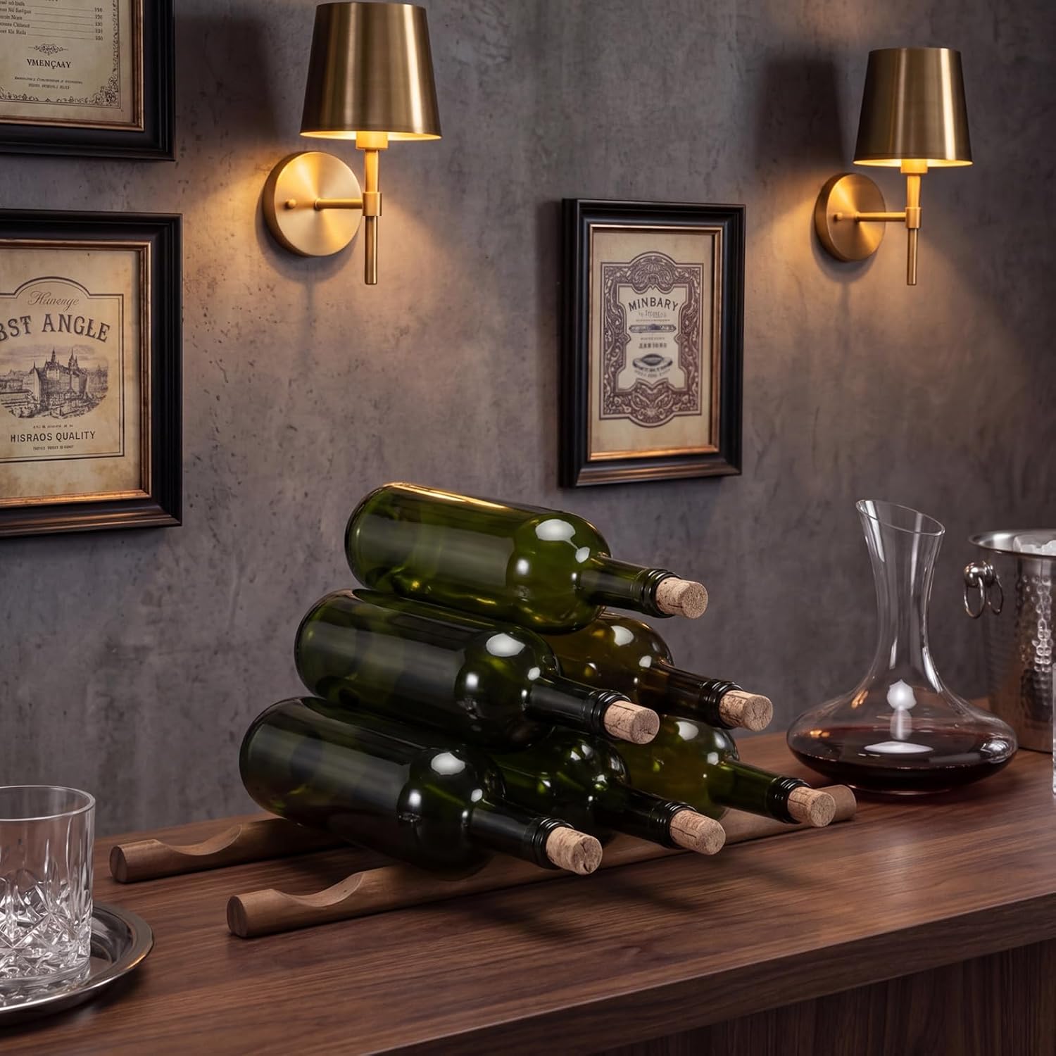 Barydat 4 Pcs Wood Wine Rack Compact Wine Bottle Holder Tabletop Vino Stand Display Rack Countertop Bottle Storage Shelf Organizer for Cabinet Kitchen Bar Pantry Basement Decor(5 Grooves,Brown)