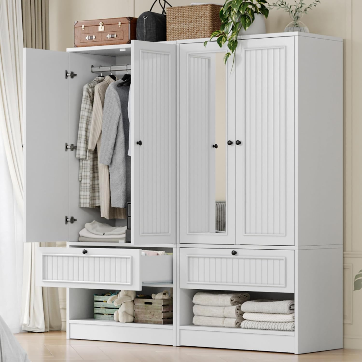 iPormis Wood Armoire Wardrobe Closet with Mirror Door and Drawer, 2 Doors Bedroom Storage Cabinet for Hanging Clothes, White