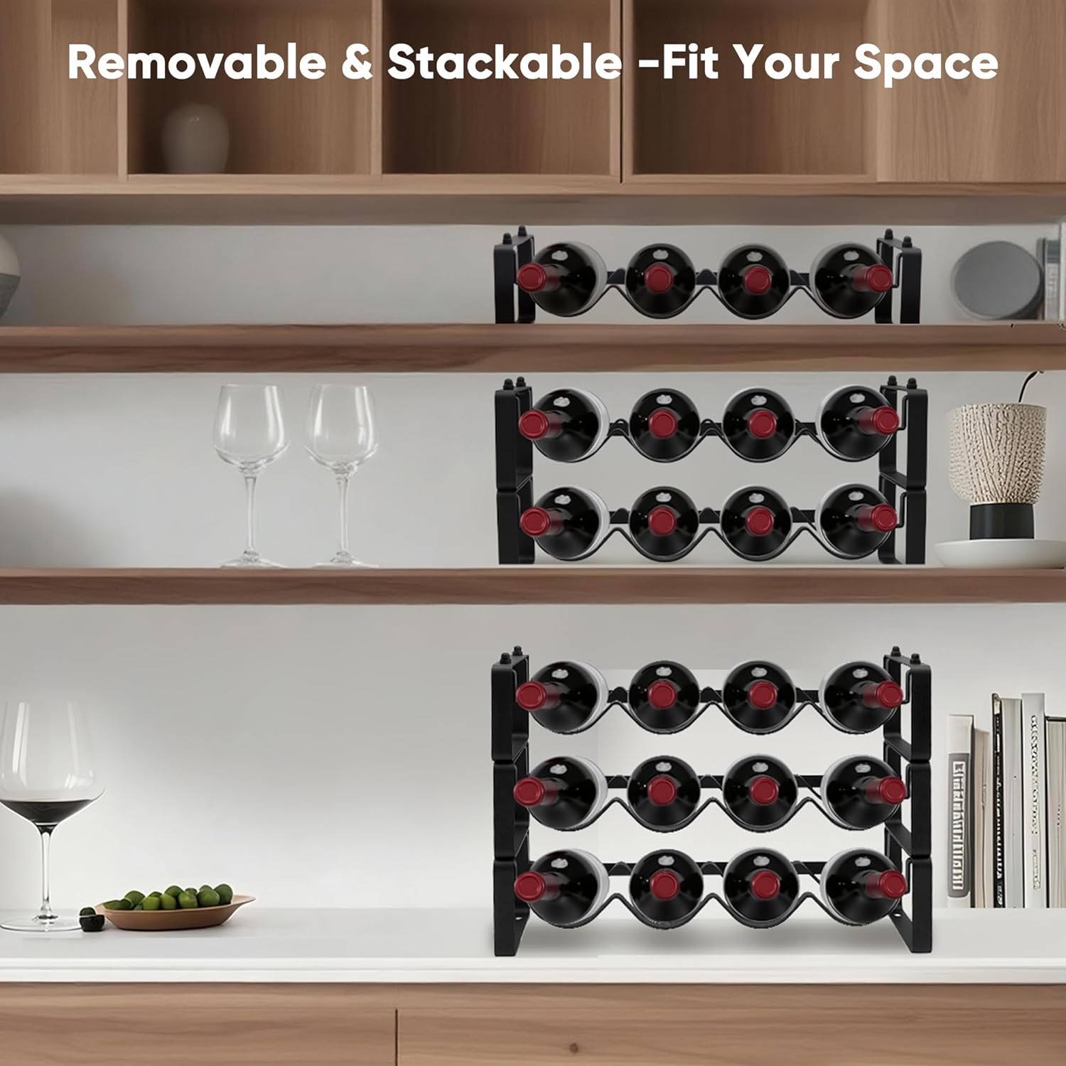 Wine Rack for Countertop – Stackable Freestanding Bottle Organizer for Kitchen, Pantry, Bar Cabinet & Small Spaces – Compact Metal Shelf & Modular Storage Stand (3-Tier)