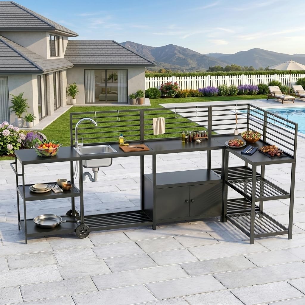 LEVELEVE Modular Outdoor Kitchen Island 5-Piece Set, Aluminum Outdoor Prep Station Grill Cart with Independent Sink, Storage Cabinets & Shelves for Backyard Patio Deck