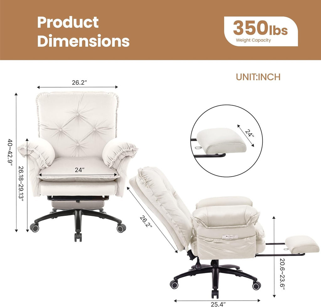 FiveWillowise Criss Cross Chair with Adjustable Arms and Foot Rest, Wide Seat Reclining Office Chair with Wheels, Makeup Vanity Chair with Side Pockets, Comfy Velvet Cross Legged Desk Chair, Beige