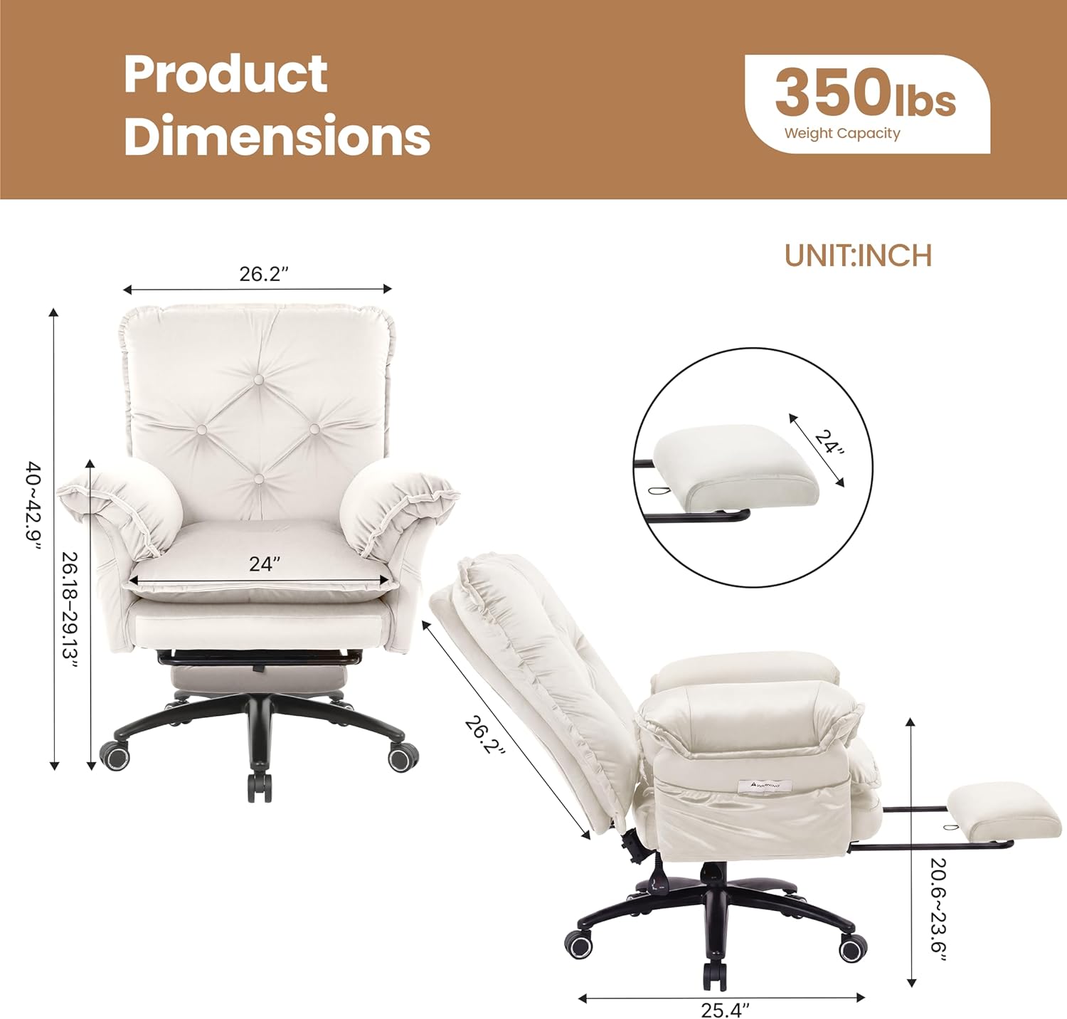 FiveWillowise Criss Cross Chair with Adjustable Arms and Foot Rest, Wide Seat Reclining Office Chair with Wheels, Makeup Vanity Chair with Side Pockets, Comfy Velvet Cross Legged Desk Chair, Beige