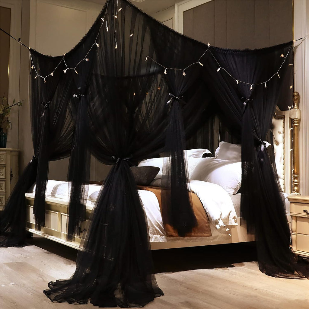VETHIN 4 Corners Post Princess Bed Canopy Curtain Double Layer Cozy Drape Netting 4 Opening Mosquito Net for Girls & Adults Bedroom Decoration Accessories (Double Black, 53" W*78" L*82"*H/(Full))