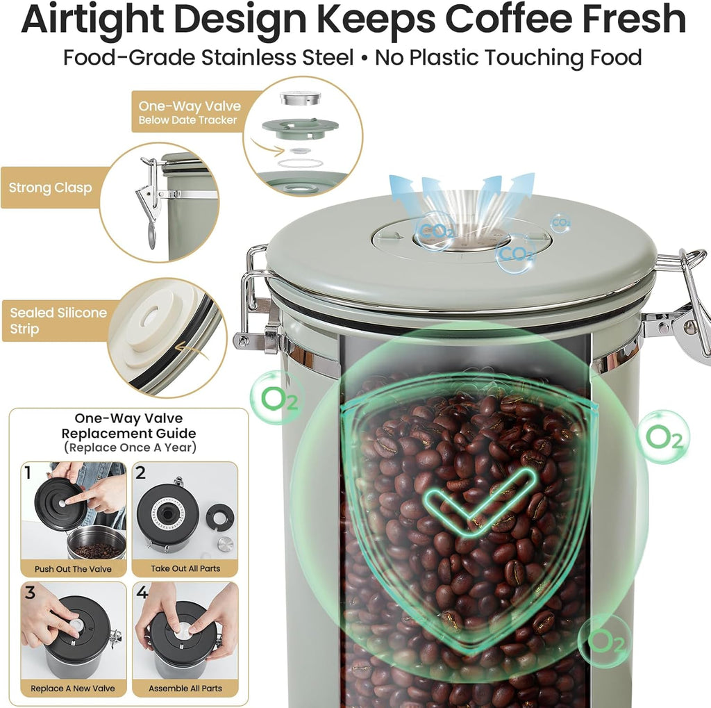 Veken Coffee Canister, 39OZ Large, Airtight Stainless Steel Food Storage Container for 2.2lbs Coffee Beans, Ground, Sugar, Tea, Flour, Cereal, Kitchen Bar Accessories with Date Tracker & Scoop, Green