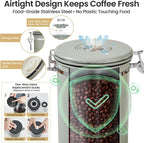 Veken Coffee Canister, 39OZ Large, Airtight Stainless Steel Food Storage Container for 2.2lbs Coffee Beans, Ground, Sugar, Tea, Flour, Cereal, Kitchen Bar Accessories with Date Tracker & Scoop, Green