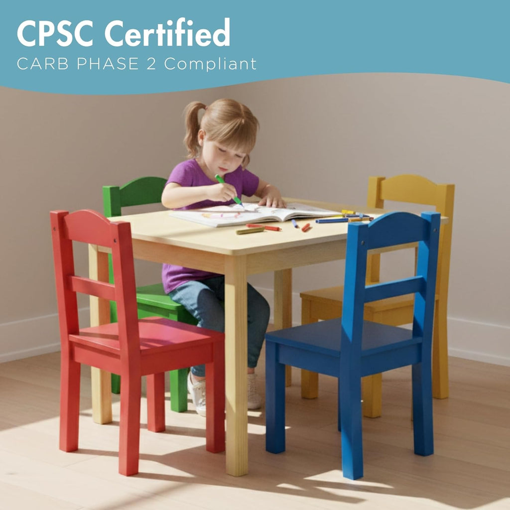 Humble Crew Kids Wooden Table and 4 Chairs Set, Natural/Primary - Kids Table and Chair Set for Toddlers and Children for Arts, Crafts, and Snack Time - Sturdy, Durable Toddler Activity Table