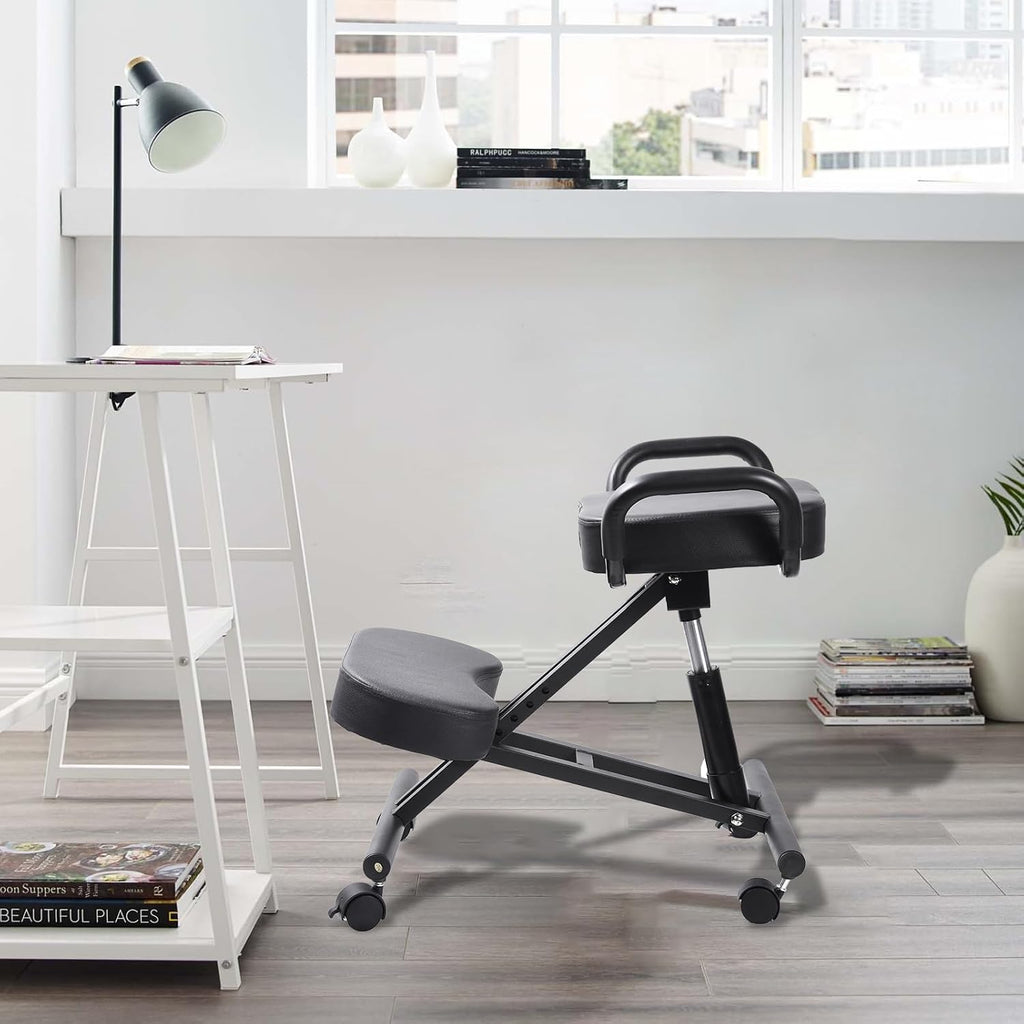 Ergonomic Kneeling Chair Without Backrest, Ergonomic Kneeling Tool with Brake and Smooth Gliding Casters, Adjustable Stool for Home and Office, Extra Comfort Cushion, Angled Design