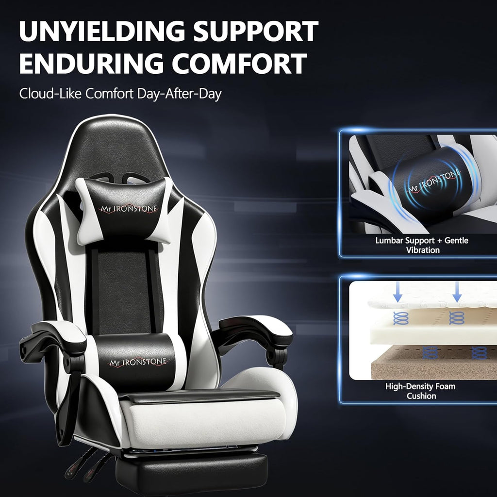 Mr IRONSTONE Gaming Chair with Footrest, Ergonomic Reclining Gamer Chair with Lumbar Support & Massage, High Back Racing Style Video Game Chair, Adjustable Headrest, Swivel Desk Chair, Black