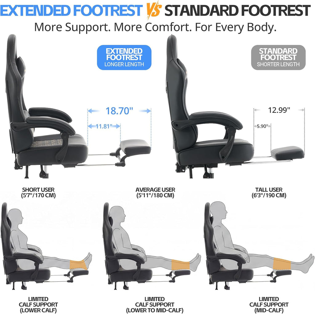 Gaming Chair Breathable Leather with Pocket Spring Cushion, Wide and High Ergonomic Office Chair with Headrest, Computer Gaming Chair with Footrest for Adult and Teen (Black Leather)