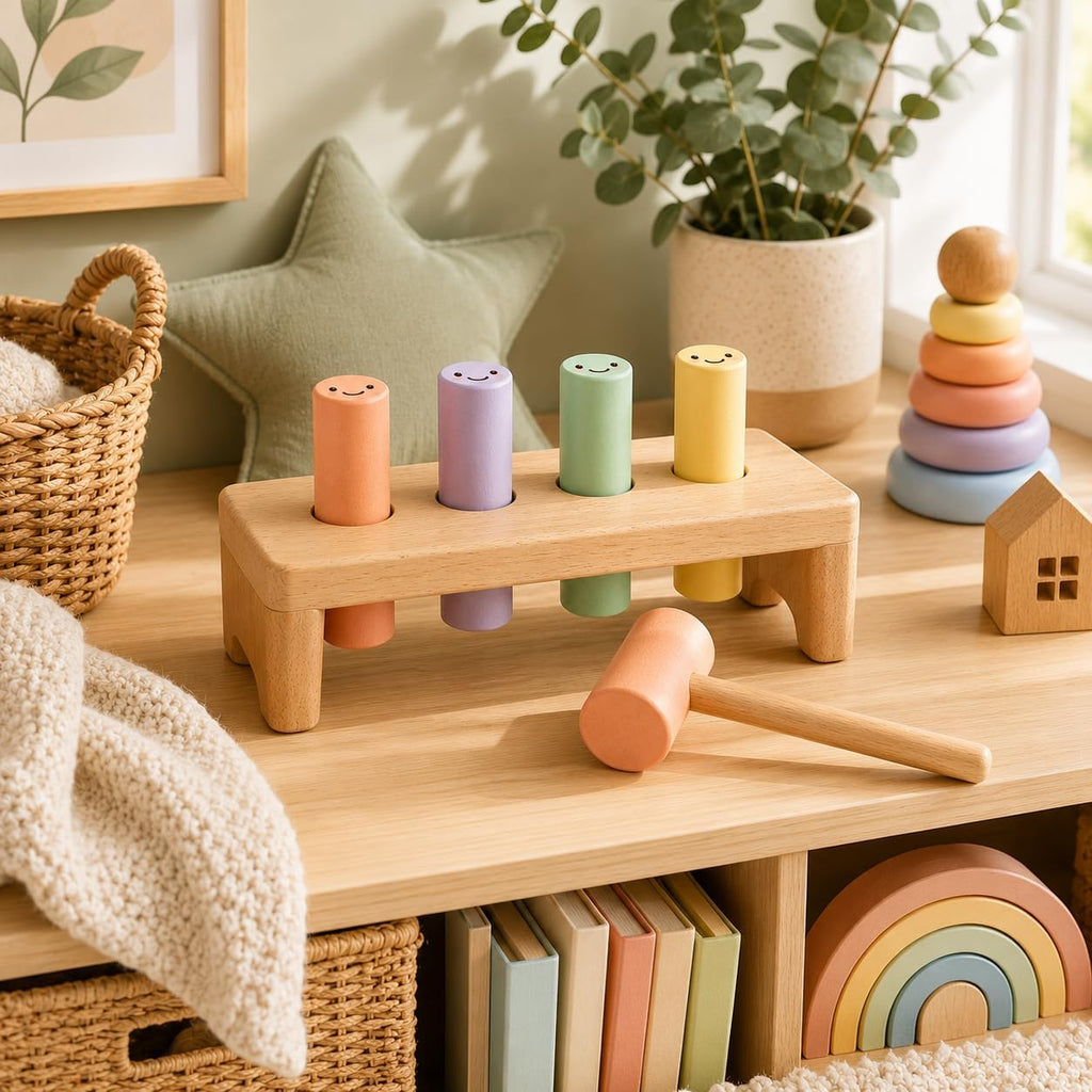 Juju Wooden Peg Bench Nursery Decor – Natural Beechwood Frame with 4 Sherbet Pastel Smiley Pegs and Matching Mallet – Tap-Through and Flip-to-Reset Design – Soft Satin Wood Shelf Accent