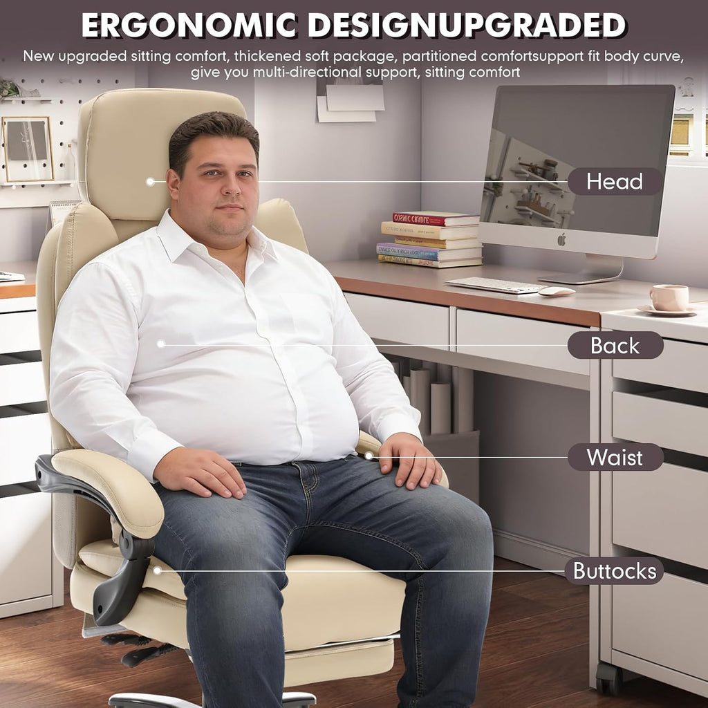 500lbs Plus Size Office Chair with Lumbar Support, PU Leather Big and Tall Heavy Duty Reclining Office Desk Chair with Foot Rest,Beige