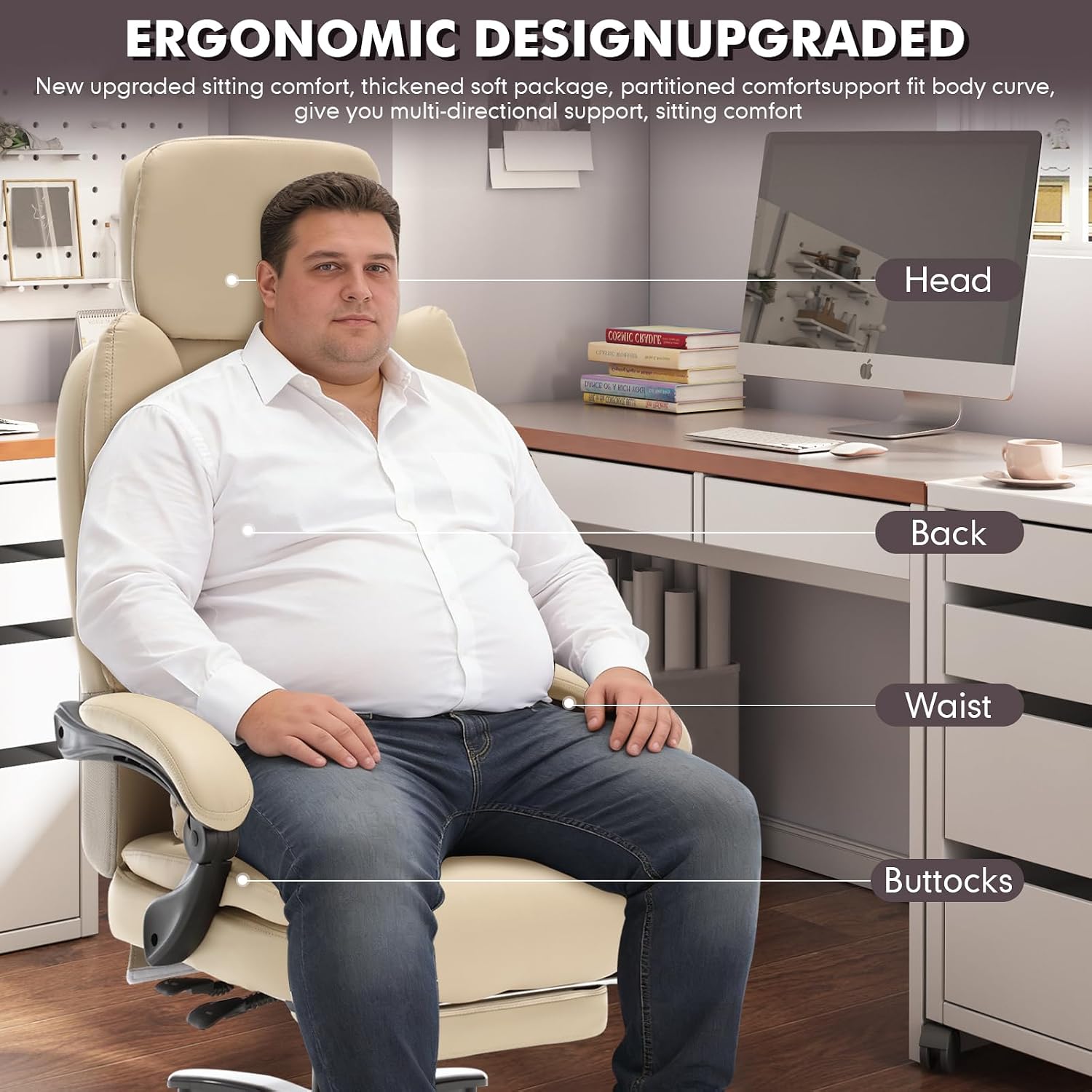 500lbs Plus Size Office Chair with Lumbar Support, PU Leather Big and Tall Heavy Duty Reclining Office Desk Chair with Foot Rest,Beige