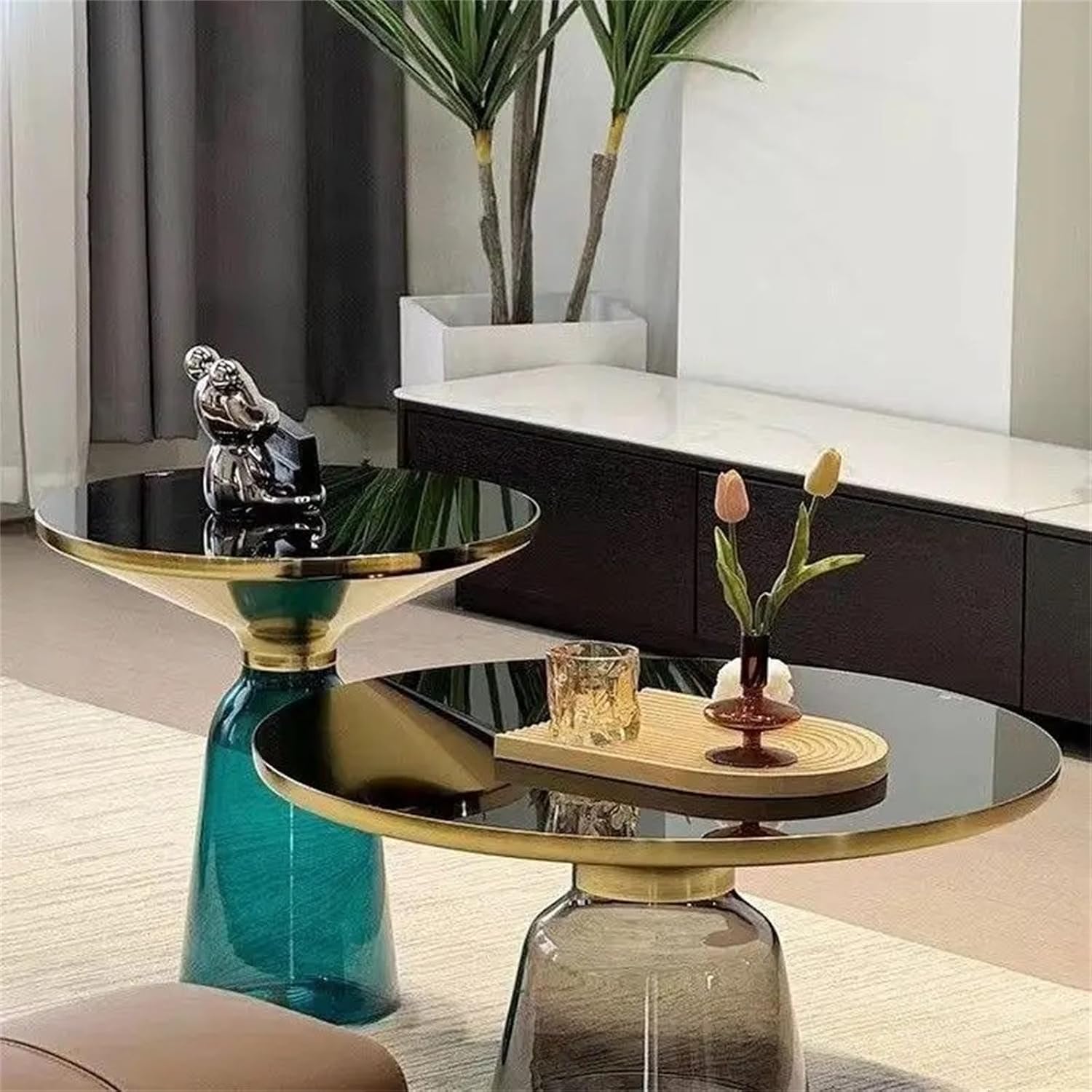 Small Glass Side Table for Living Room – Modern Round End Table with Hand-Blown Glass Base, Tempered Glass Top, Carbon Steel Frame – Accent Table for Bedroom Sofa Couch