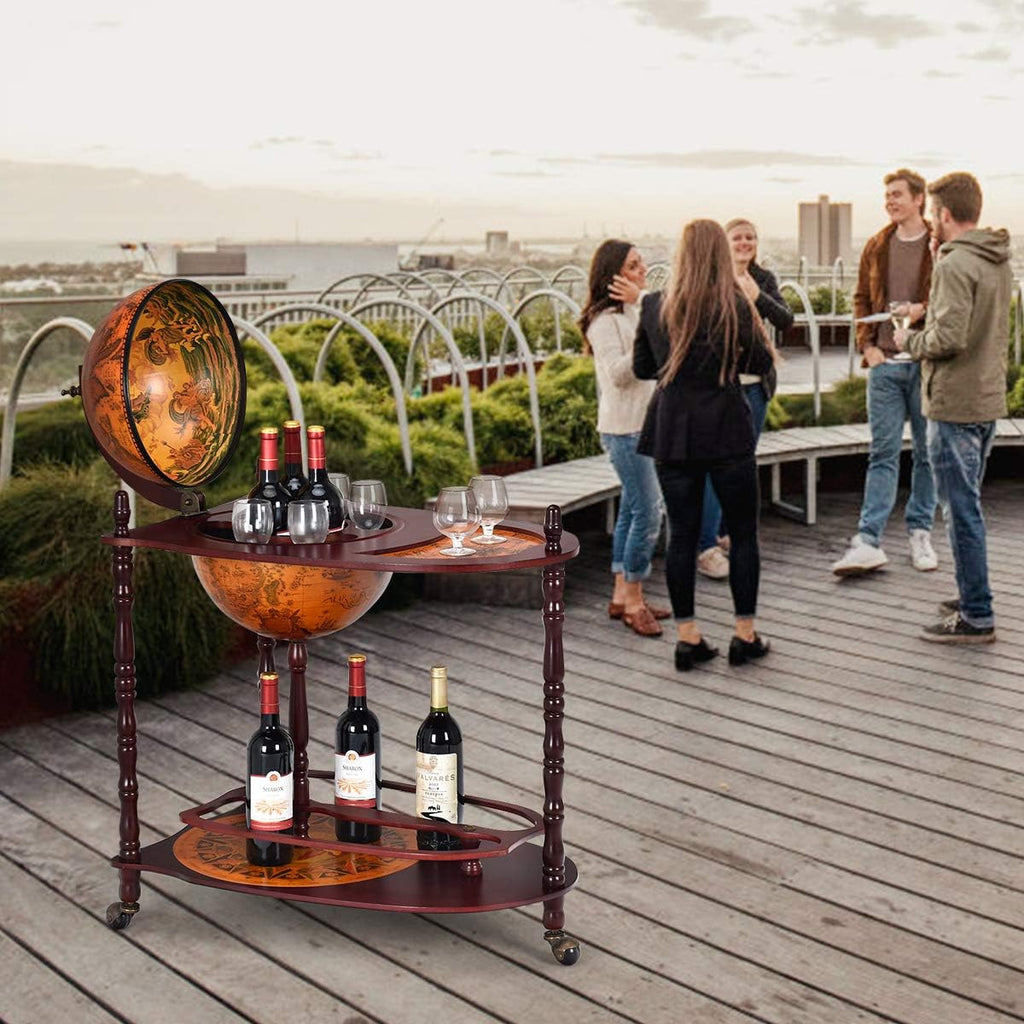 LDAILY Globe Bar, 34.5”Wood Wine Bar Stand with Wheels, Bottom Shelf & Old World Map, 16 Century Italian Replica Globe Bar Liquor Cabinet, Large Capacity Bar Cart for Home, Restaurant, Party