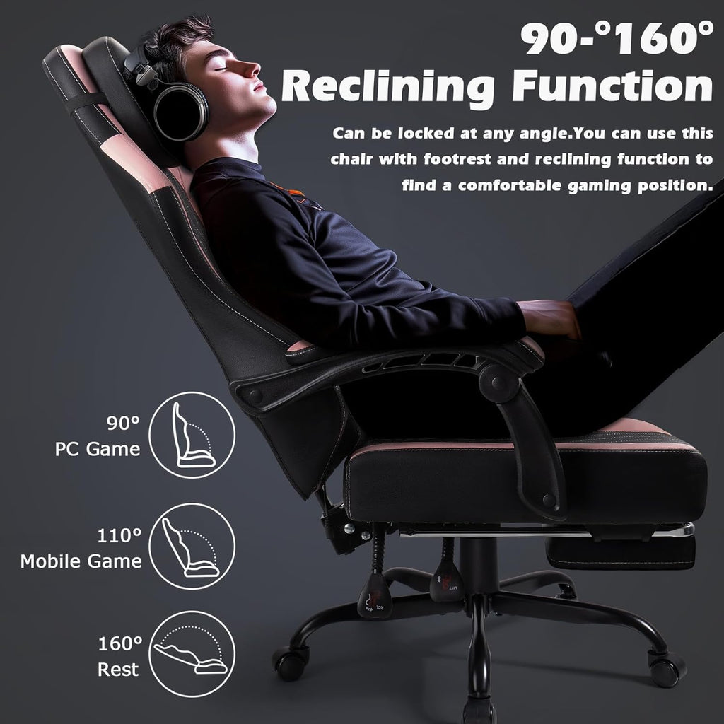 PUKAMI Gaming Chair with Footrest,Ergonomic Gamer Chair for Adults, Racing Style Reclining Computer Game Chair with Headrest and Lumbar Support (Pink)