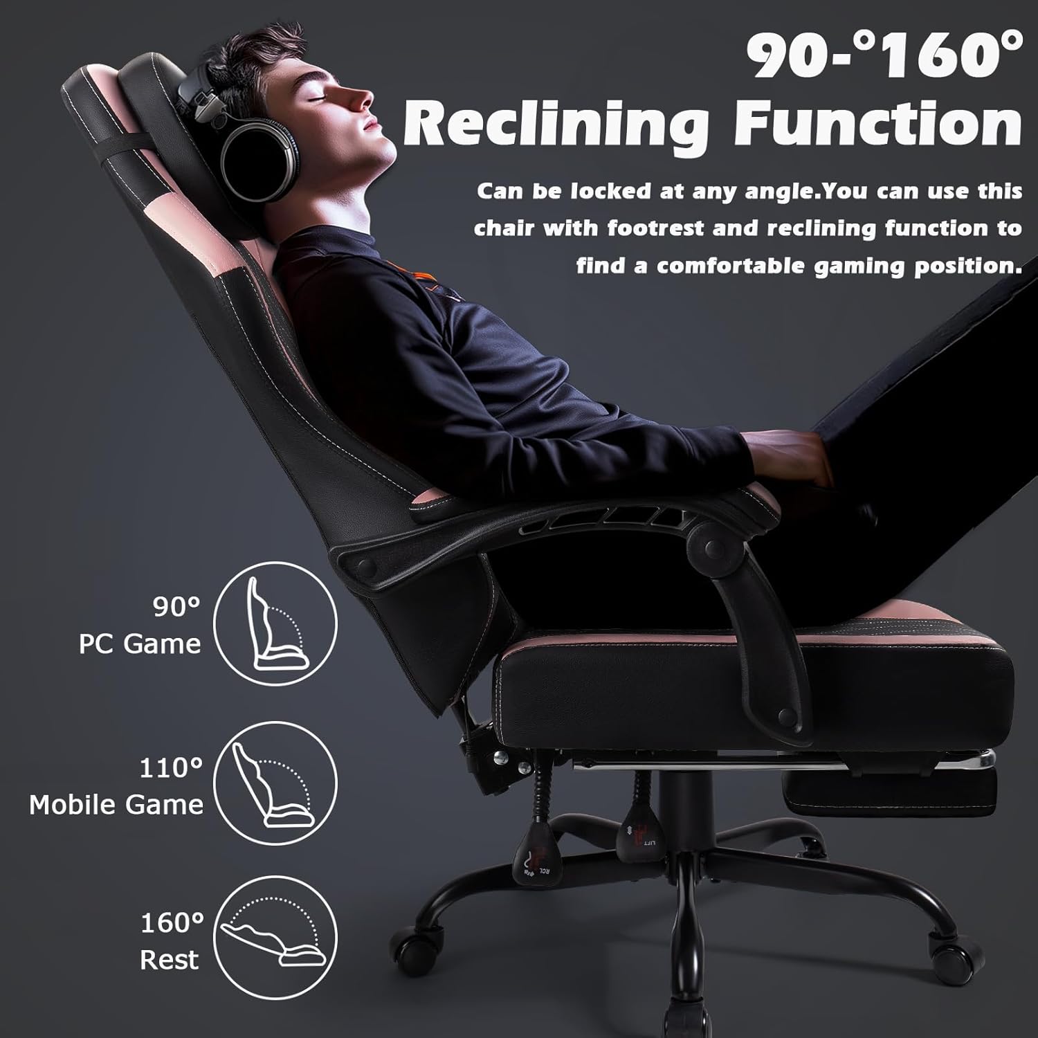 PUKAMI Gaming Chair with Footrest,Ergonomic Gamer Chair for Adults, Racing Style Reclining Computer Game Chair with Headrest and Lumbar Support (Pink)