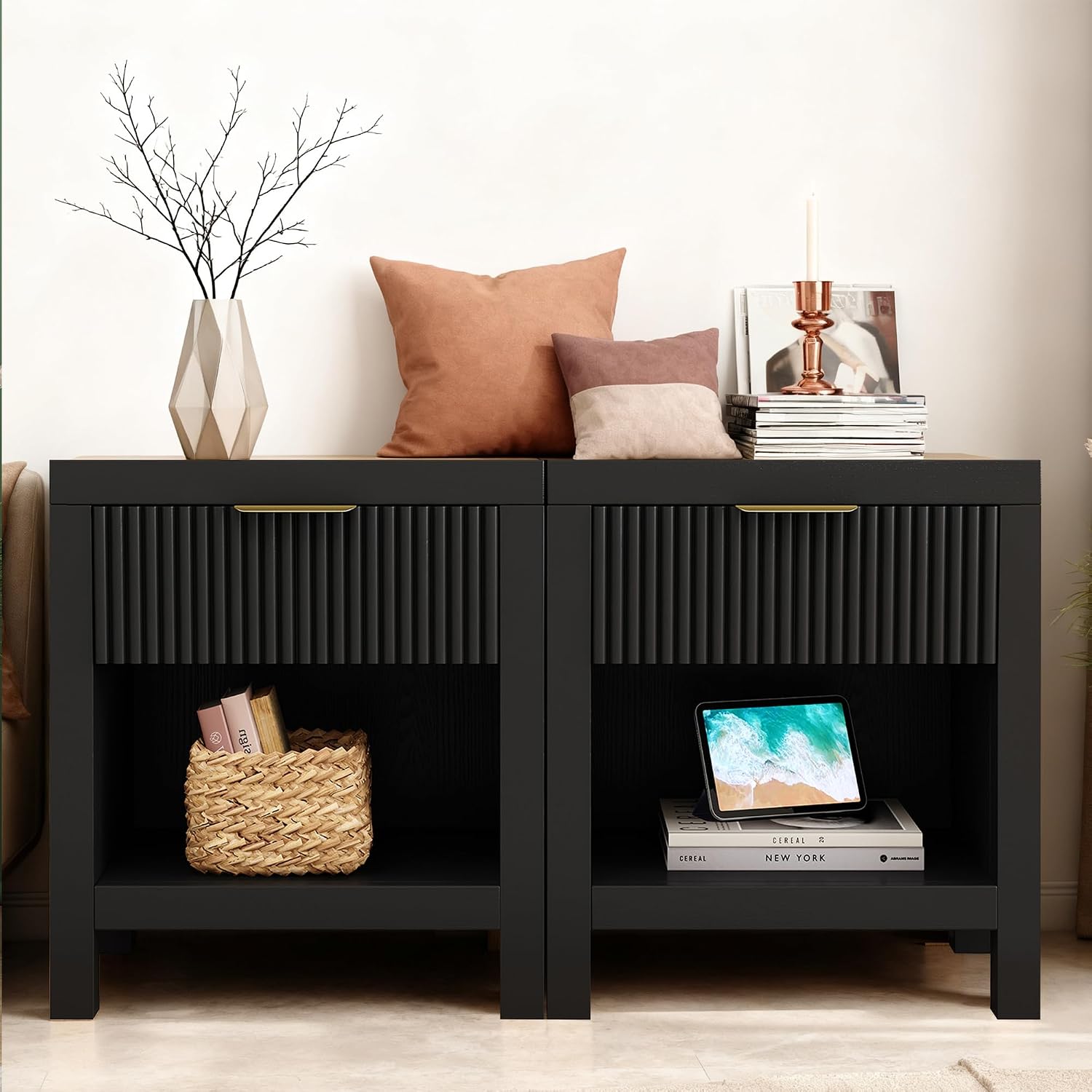 End Table Set of 2 with Storage, Small End Table, Wood Bedside Table with Drawer and Opening Storage, Nightstand Accent Table for Living Room, Bedroom, Black