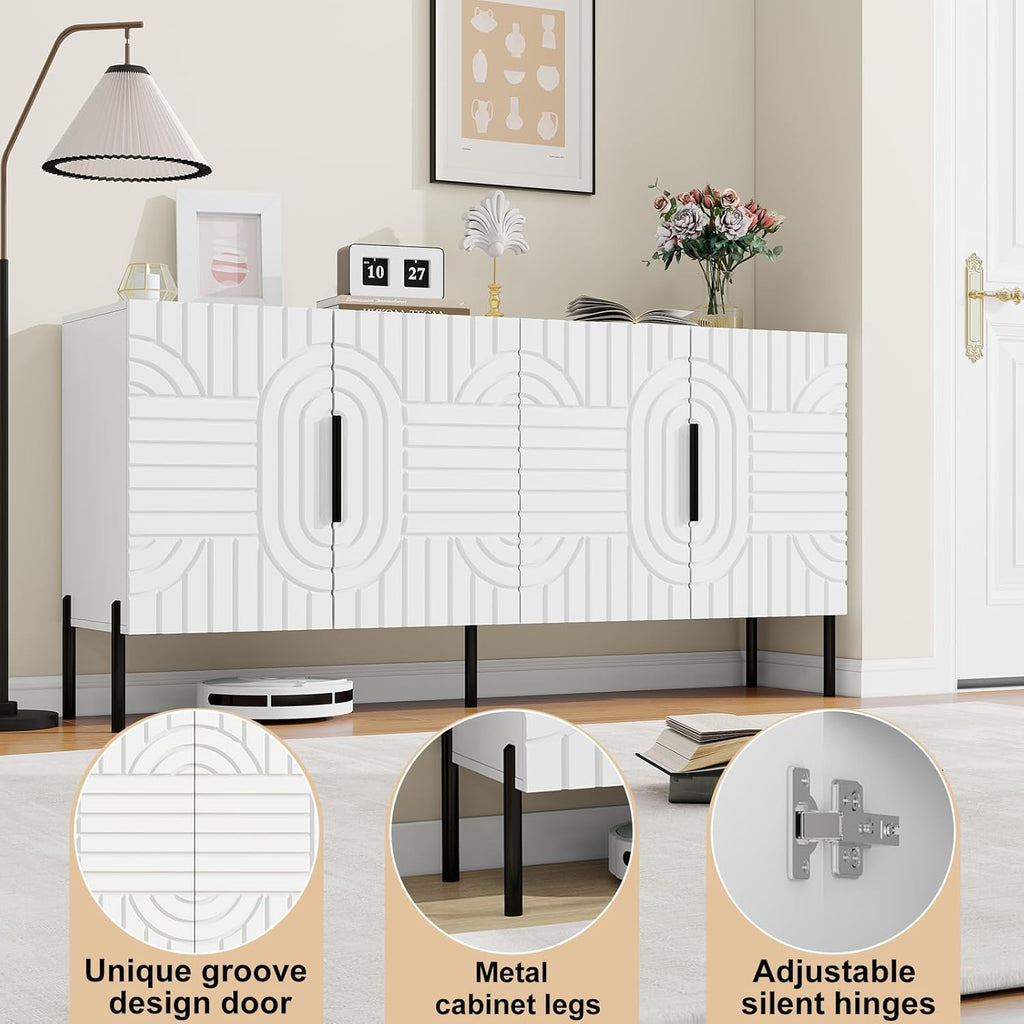 White Buffet Cabinet with Storage: 63" Fluted Sideboard Cabinet with 4 Doors, Wood Credenzas for Living Room, Mid Century Modern Sideboard Cabinets (White)