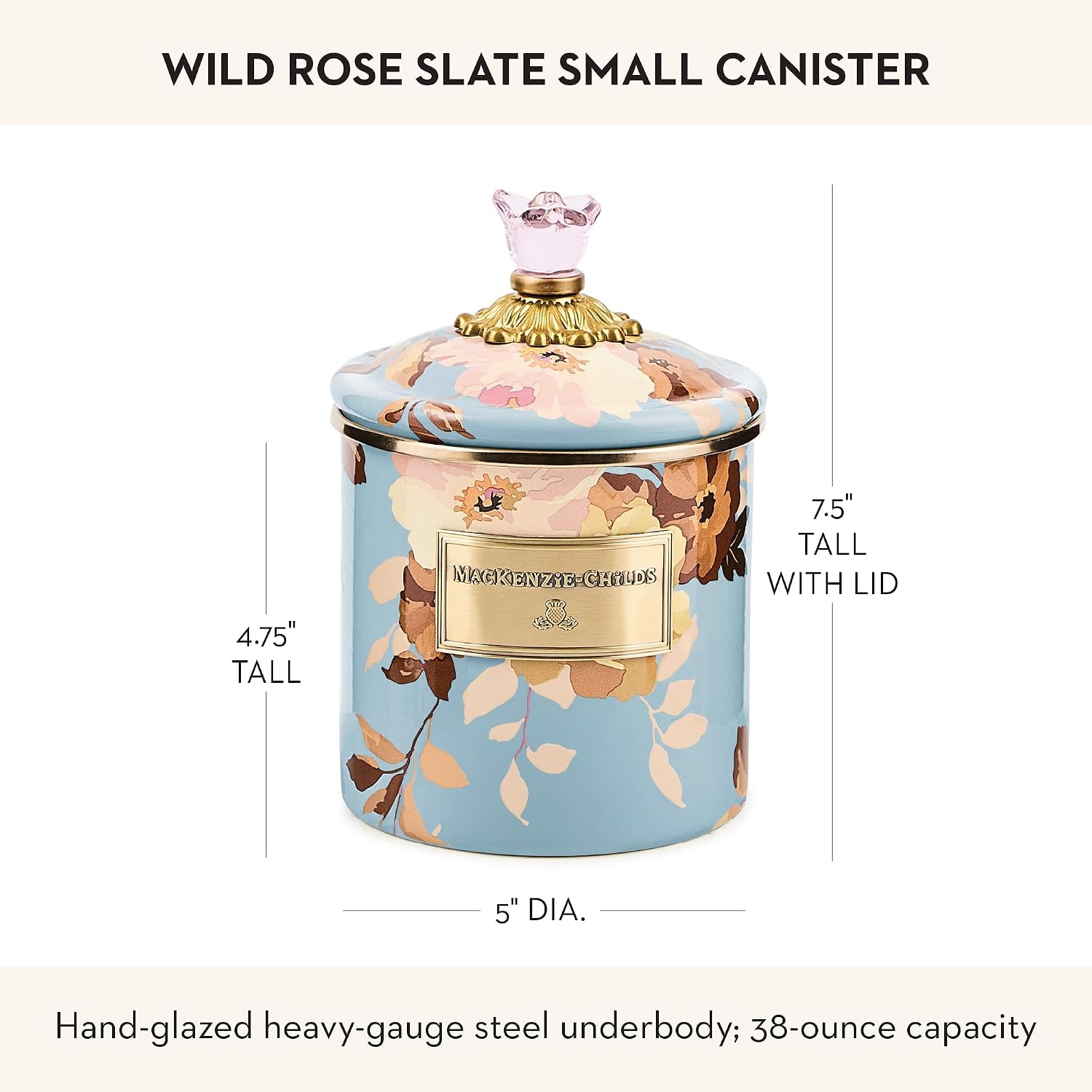 MACKENZIE-CHILDS Enamel Canister, Kitchen Storage Container with Lid, Small, 38-Ounce Capacity, Wild Rose Slate