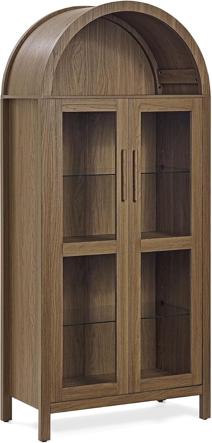 HRVEOCEI White Arched Cabinet with Glass Doors, Tall Arch Kitchen Pantry with 2 Large Drawers & Adjustable Shelves/Golden Handles, Wood Hutch Cabinet for Kitchen,Living Room (White) (Black led)