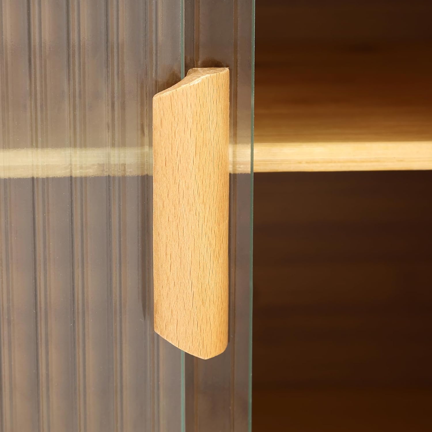 Bamboo Kitchen Pantry Sideboard with Sliding Glass Doors, Freestanding Storage Cabinet with Adjustable Height, 3-Tier Utility Cupboard for Bottles and Dishes