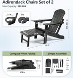 PASAMIC Folding Adirondack Chairs Set of 2 with Retractable Ottoman, 5-Position Adjustable Backrest, HDPE All-Weather Fire Pit Chairs with 2 Hidden Cup Holders, Wood-Look Outdoor Chairs, Black