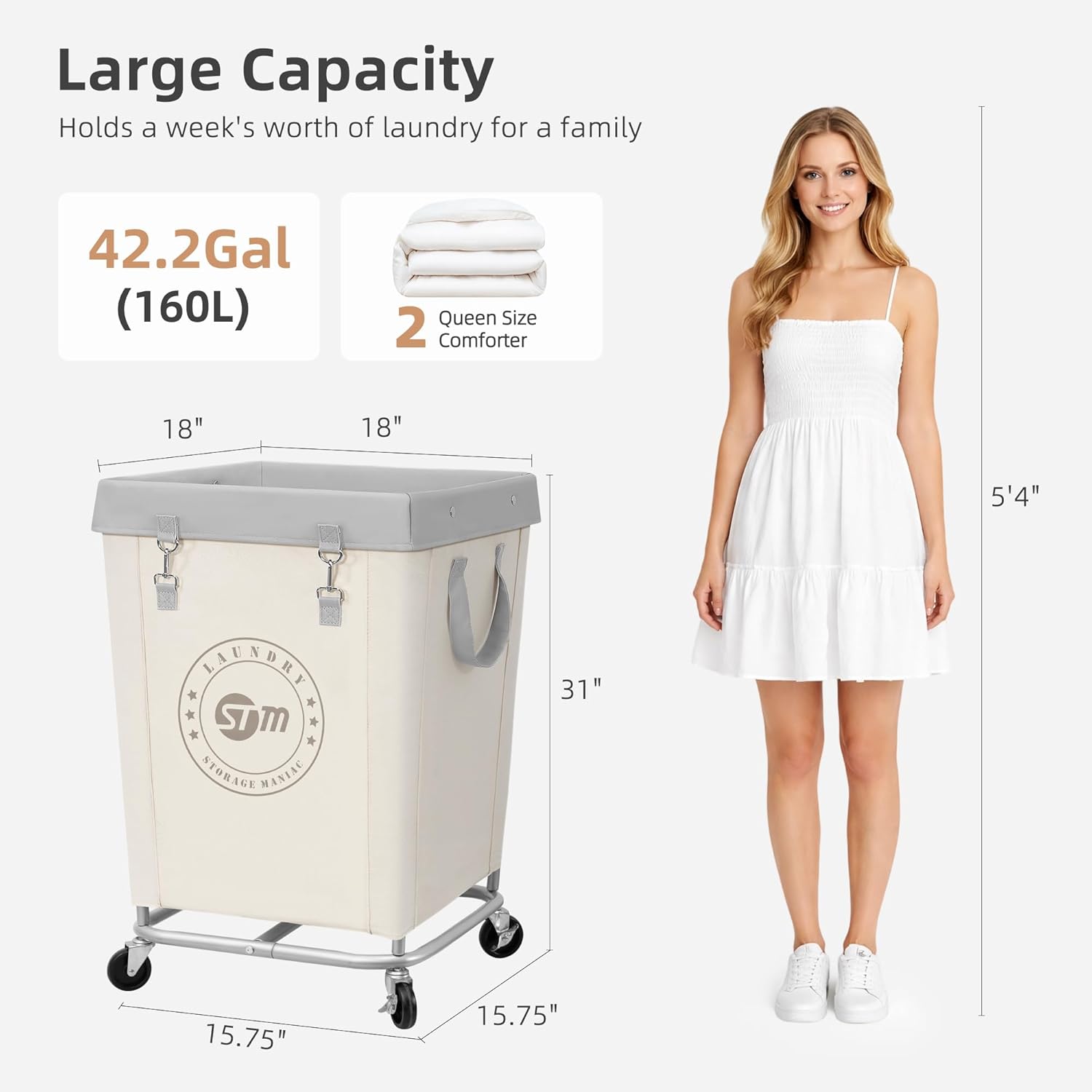 STORAGE MANIAC Commercial Laundry Hamper with Heavy Duty Steel Frame, 160 L Industrial Laundry Basket Cart with Wheels for Hotel, Home, Laundry Room, 18''L x 18''W x 31''H, Medium Beige