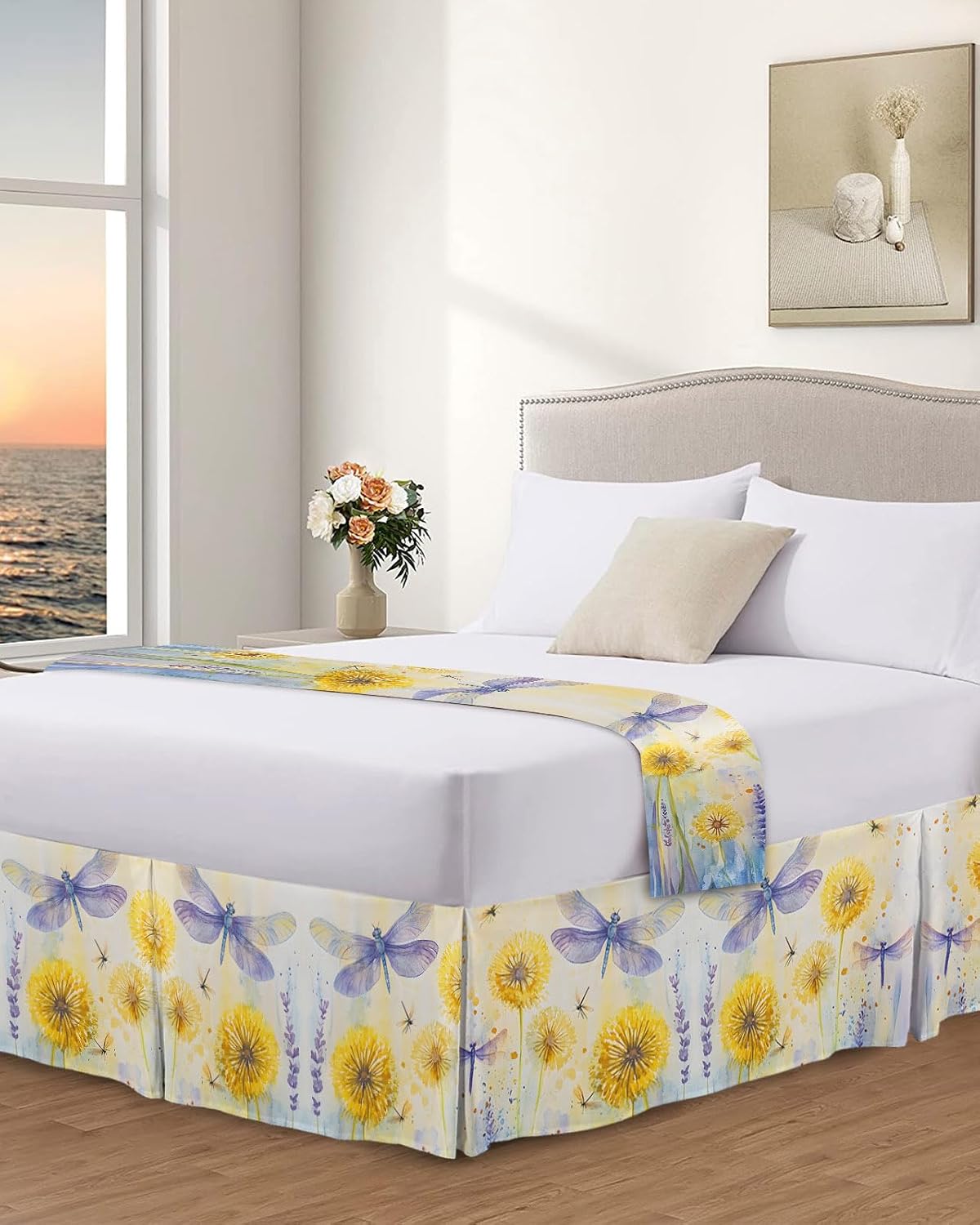 Bed Skirt Queen Size Yellow Dandelions Pleated Dust Ruffle Easy Fit Bedskirts with 16 Inch Drop Purple Dragonfly Wrinkle and Fade Resistant Bedroom Decor