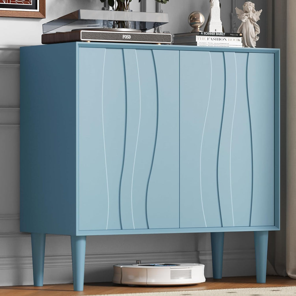 Easyego 31.5" Mid Century Modern Cabinet, Sideboard Buffet Cabinets with 2 Doors, Wood Accent Storage Cabinets with Adjustable Shelves and Line Panels for Living Room, Entry Way, Dinging Room -Blue