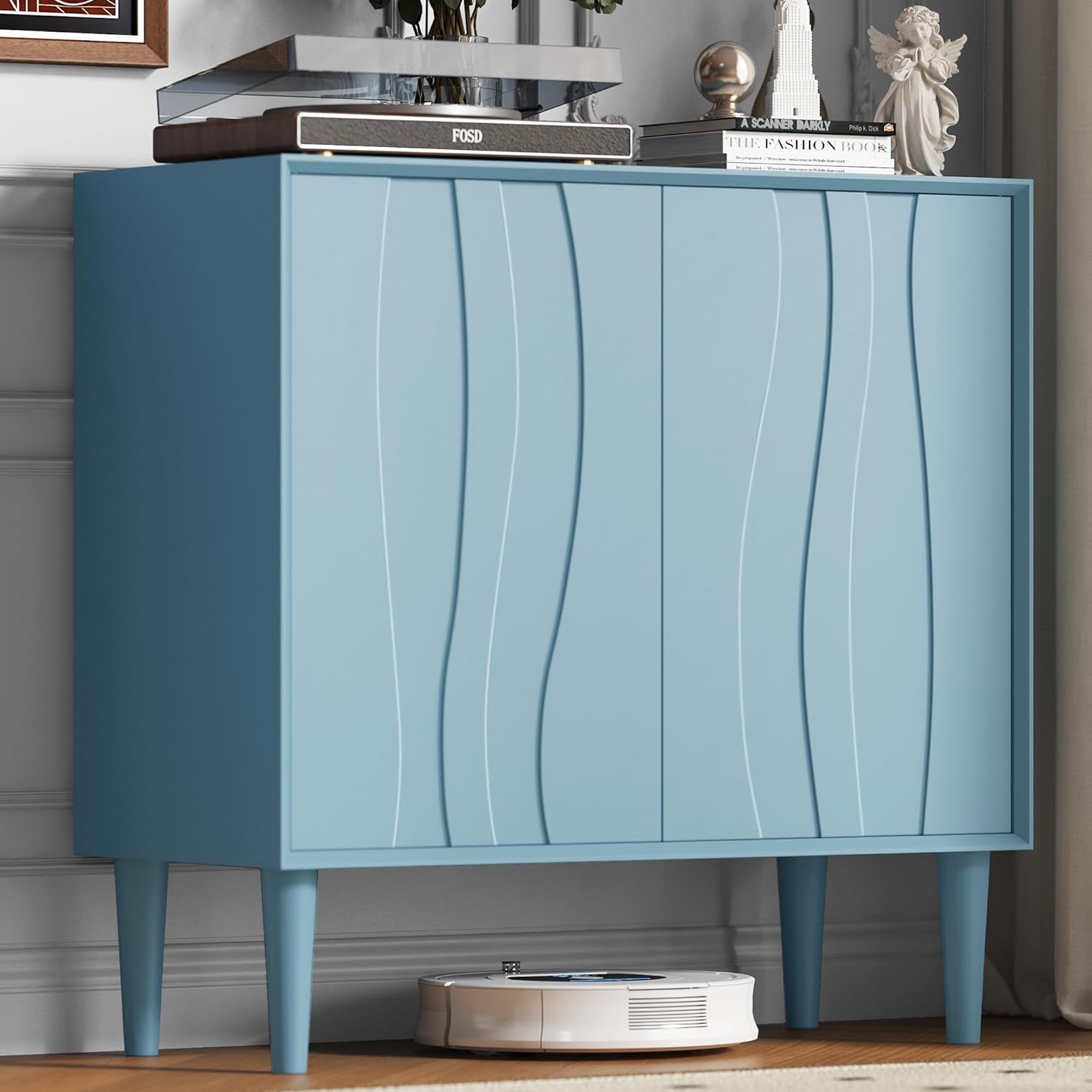 Easyego 31.5" Mid Century Modern Cabinet, Sideboard Buffet Cabinets with 2 Doors, Wood Accent Storage Cabinets with Adjustable Shelves and Line Panels for Living Room, Entry Way, Dinging Room -Blue