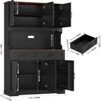 FACBOTALL Tall Kitchen Pantry Cabinet, Farmhouse Food Pantry Cabinet with Doors and Adjustable Shelves, Kitchen Hutch with Countertop and Microwave Stand for Dining Room, Living Room, Black